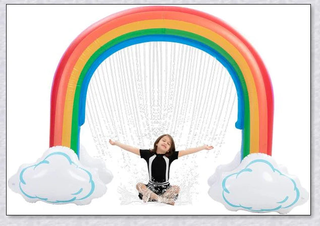 Inflatable rainbow arch water sprinkler with cloud design for outdoor summer fun