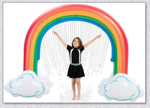 Inflatable rainbow arch water sprinkler with cloud design for outdoor summer fun