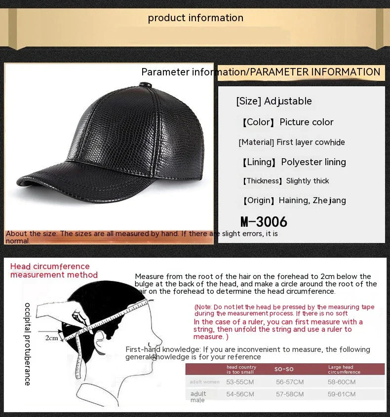 Genuine leather baseball cap in various colours, designed for fashionable autumn and winter wear