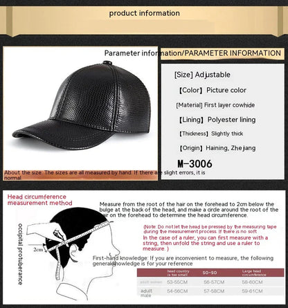 Genuine leather baseball cap in various colours, designed for fashionable autumn and winter wear
