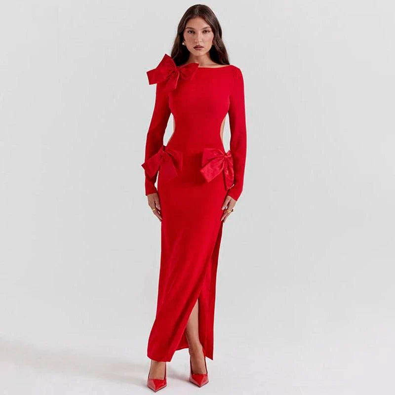 Elegant red maxi dress with backless design and bow detail, perfect for formal events and parties