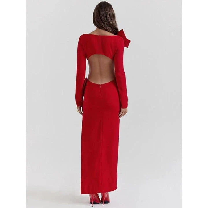 Elegant red maxi dress with backless design and bow detail, perfect for formal events and parties