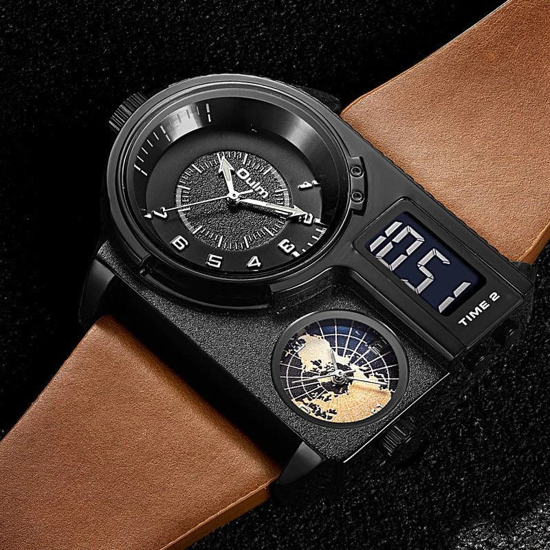 Large dial quartz leather sports casual men's watch with luminous dial and GMT time function