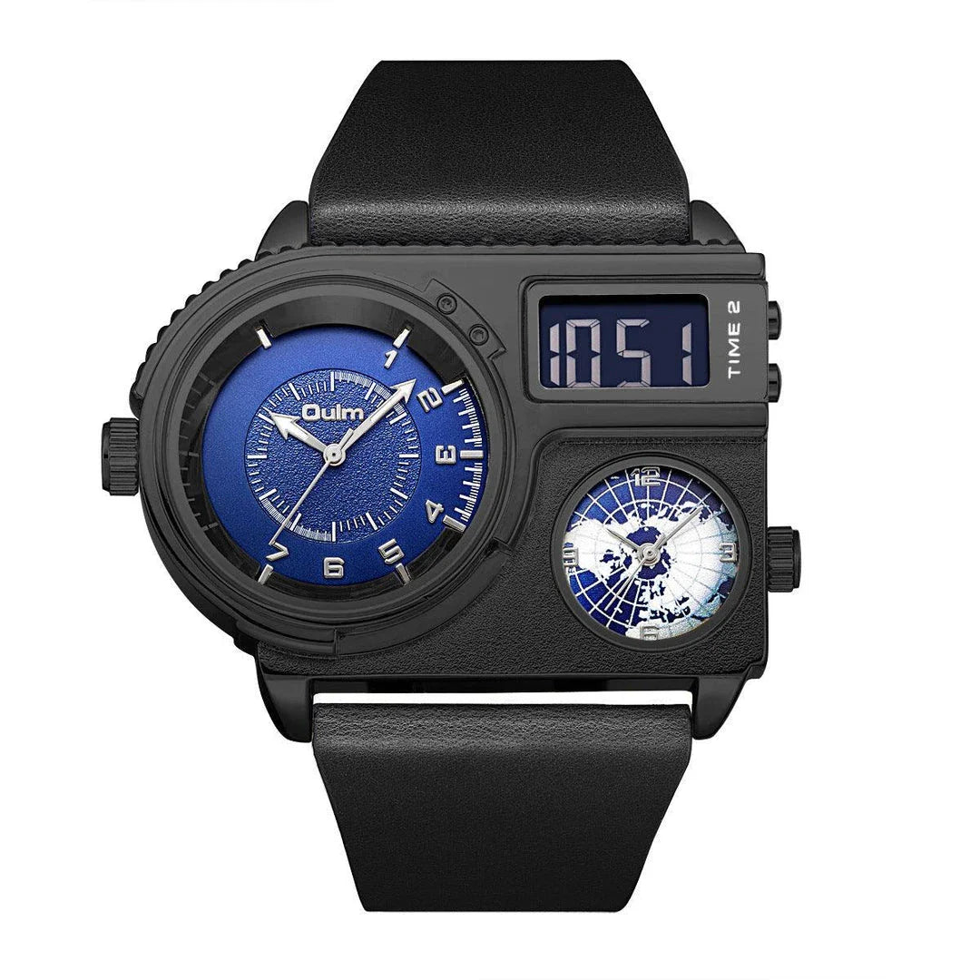 Large dial quartz leather sports casual men's watch with luminous dial and GMT time function