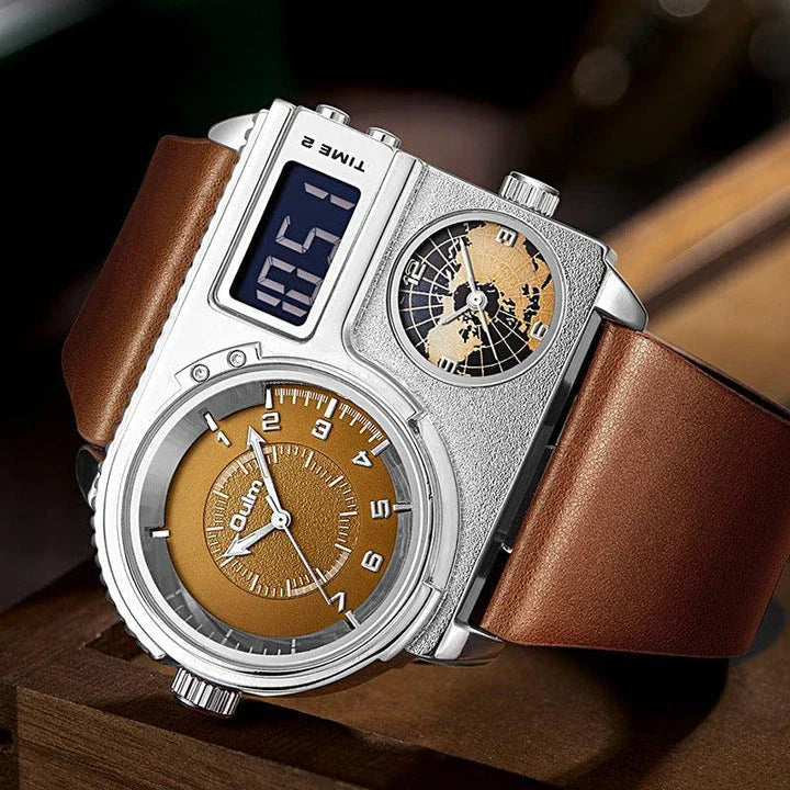 Large dial quartz leather sports casual men's watch with luminous dial and GMT time function
