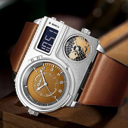Large dial quartz leather sports casual men's watch with luminous dial and GMT time function