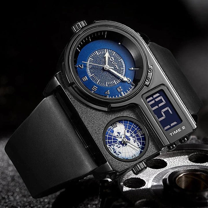 Large dial quartz leather sports casual men's watch with luminous dial and GMT time function