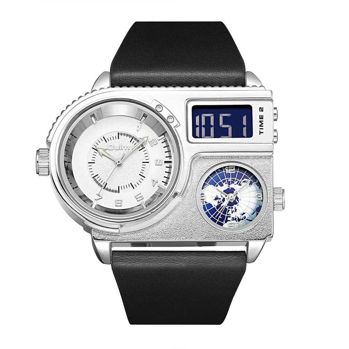 Large dial quartz leather sports casual men's watch with luminous dial and GMT time function