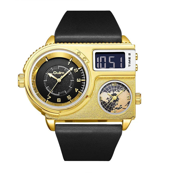 Large dial quartz leather sports casual men's watch with luminous dial and GMT time function
