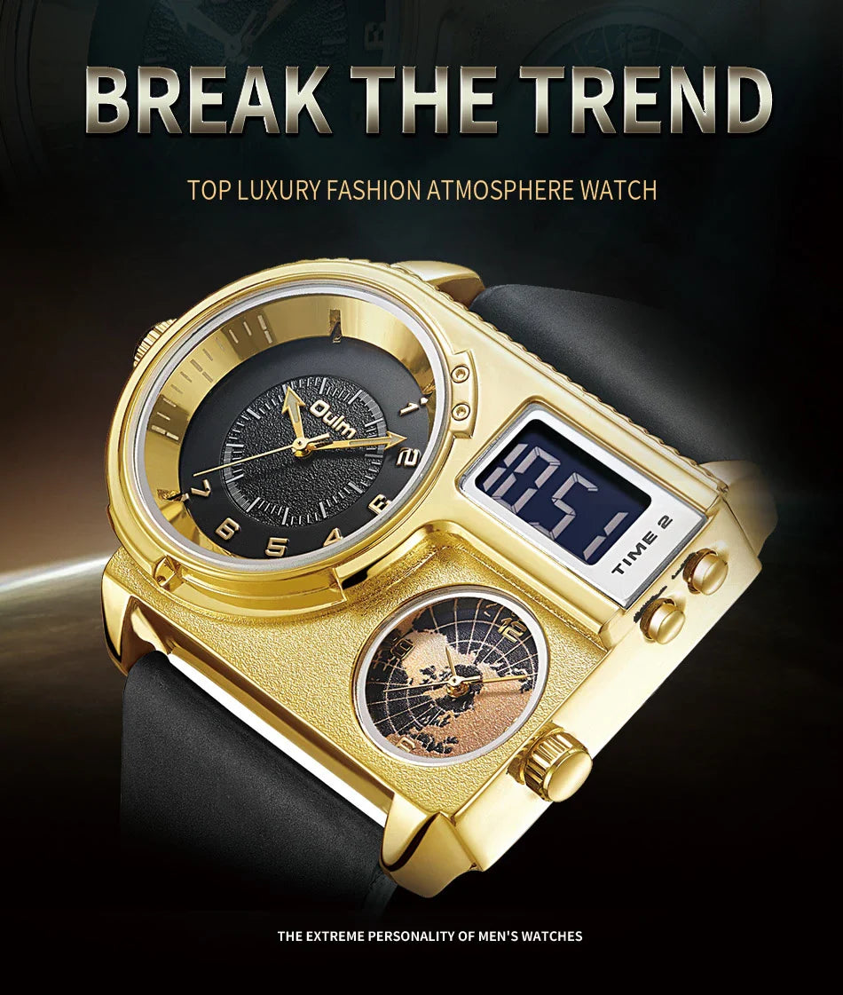 Large dial quartz leather sports casual men's watch with luminous dial and GMT time function