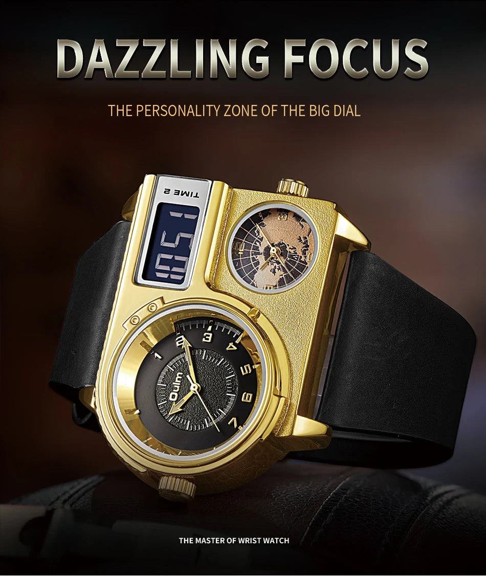 Large dial quartz leather sports casual men's watch with luminous dial and GMT time function