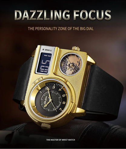 Large dial quartz leather sports casual men's watch with luminous dial and GMT time function