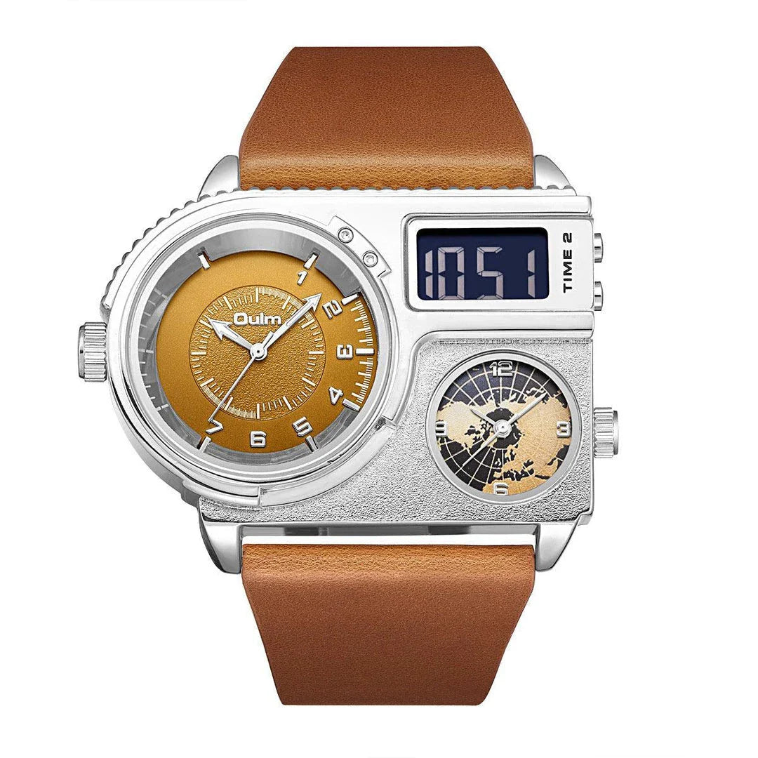 Large dial quartz leather sports casual men's watch with luminous dial and GMT time function