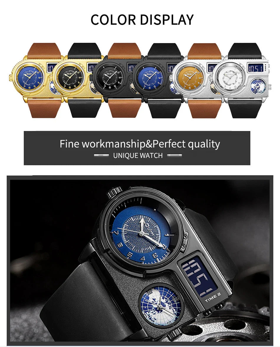 Large dial quartz leather sports casual men's watch with luminous dial and GMT time function