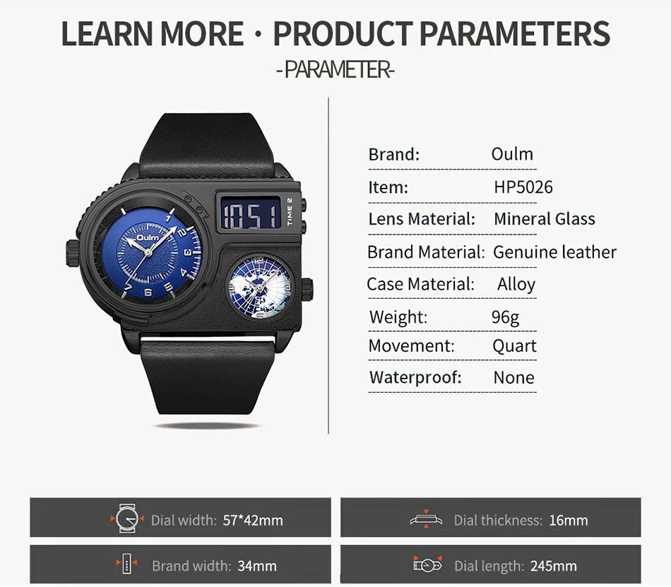 Large dial quartz leather sports casual men's watch with luminous dial and GMT time function