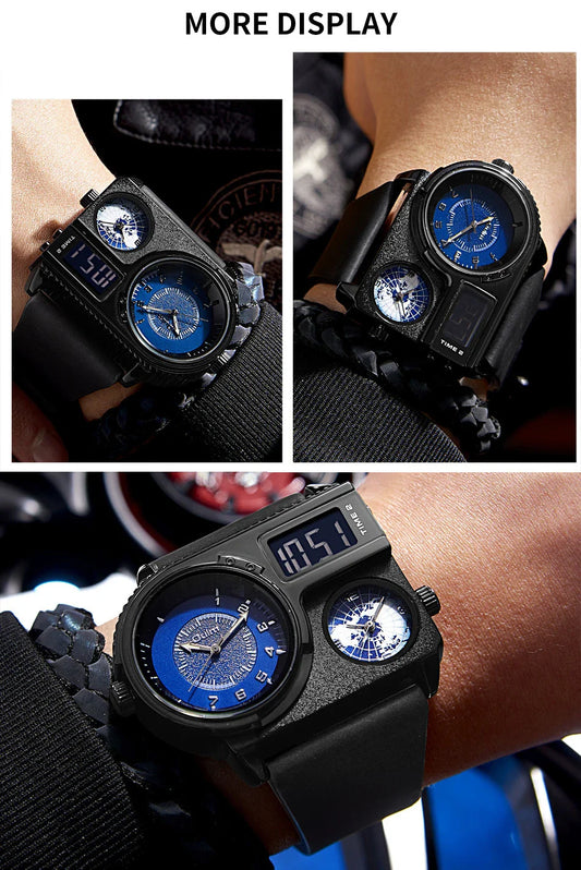 Large dial quartz leather sports casual men's watch with luminous dial and GMT time function