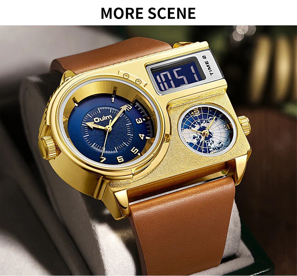 Large dial quartz leather sports casual men's watch with luminous dial and GMT time function