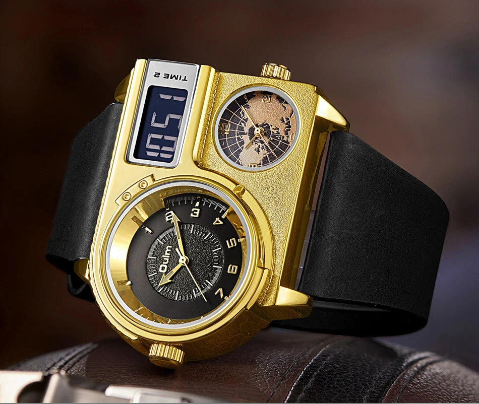 Large dial quartz leather sports casual men's watch with luminous dial and GMT time function