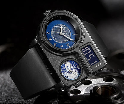 Large dial quartz leather sports casual men's watch with luminous dial and GMT time function