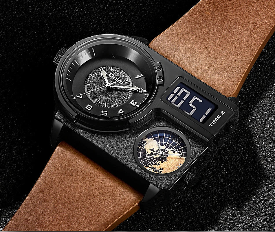 Large dial quartz leather sports casual men's watch with luminous dial and GMT time function
