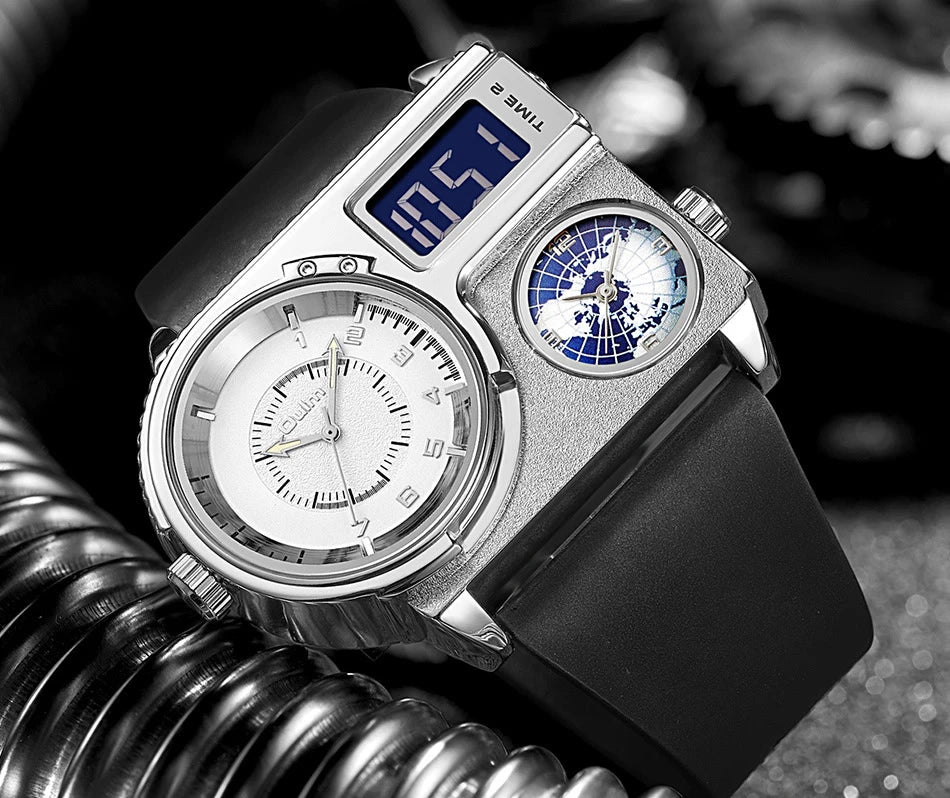 Large dial quartz leather sports casual men's watch with luminous dial and GMT time function