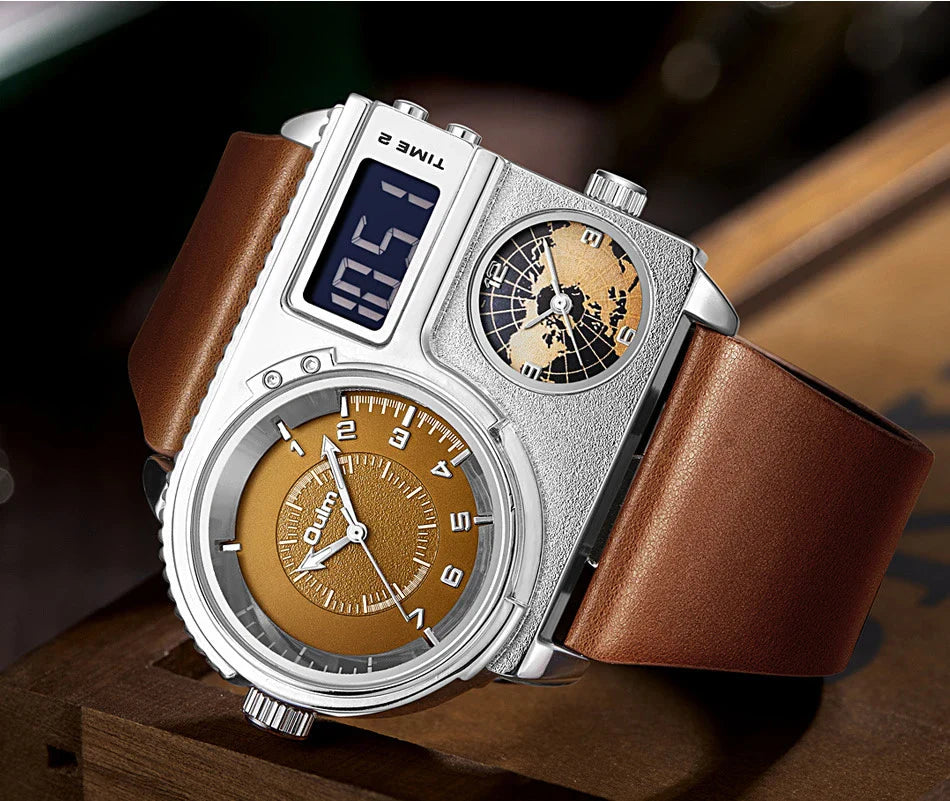 Large dial quartz leather sports casual men's watch with luminous dial and GMT time function