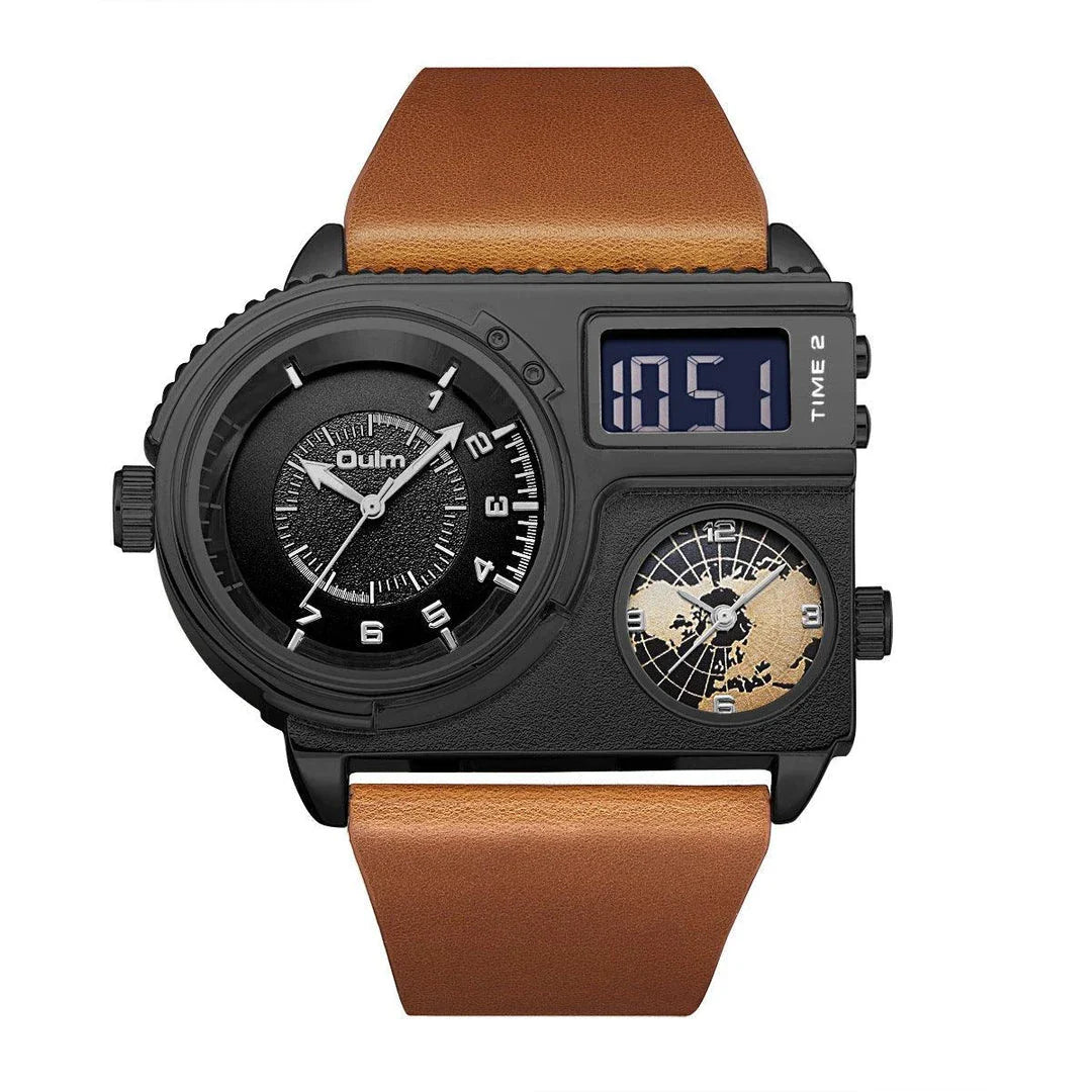 Large dial quartz leather sports casual men's watch with luminous dial and GMT time function
