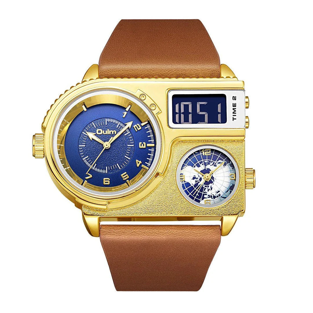 Large dial quartz leather sports casual men's watch with luminous dial and GMT time function