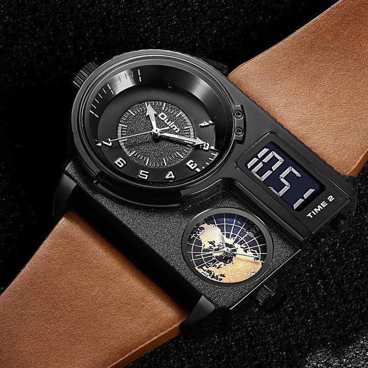Large dial quartz leather sports casual men's watch with luminous dial and GMT time function