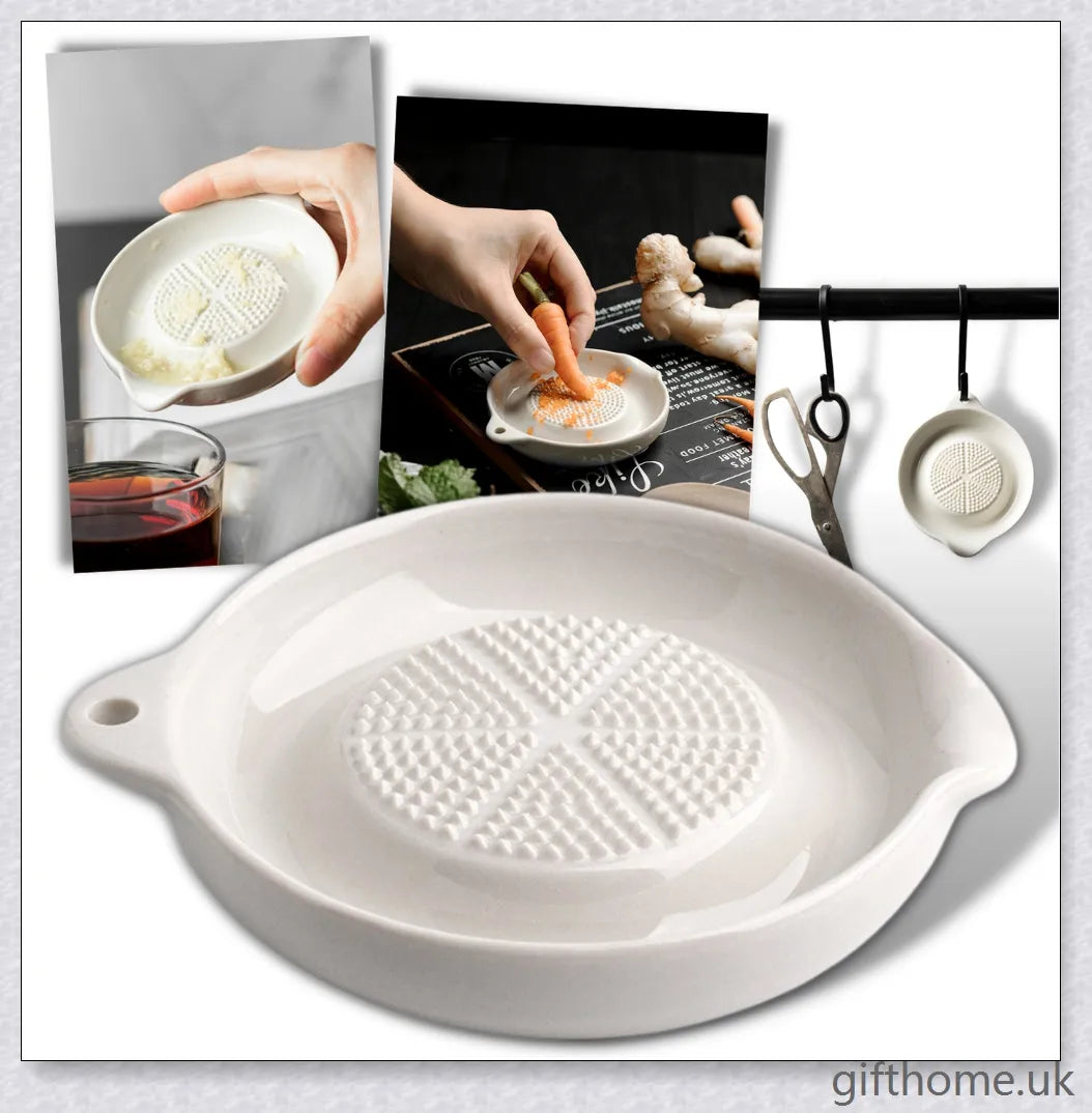 A white ceramic ginger grater, a safe and convenient kitchen tool for grating, mincing, and shredding a variety of ingredients.