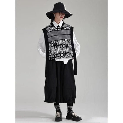 Women's Black Irregular Pattern Knitting Vintage Vest with a unique irregular pattern design