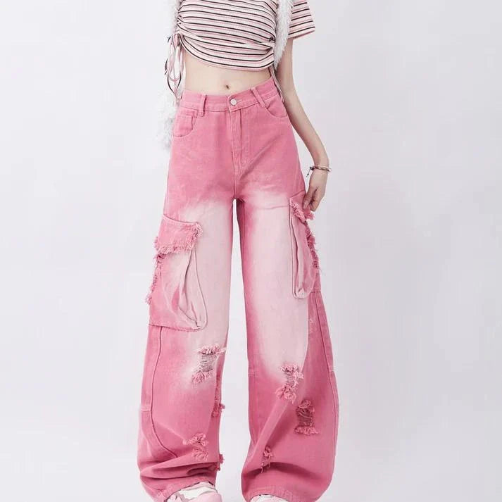 Photograph of a model wearing pink high-waisted, wide-leg jeans with vintage-inspired details