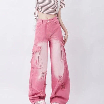Photograph of a model wearing pink high-waisted, wide-leg jeans with vintage-inspired details