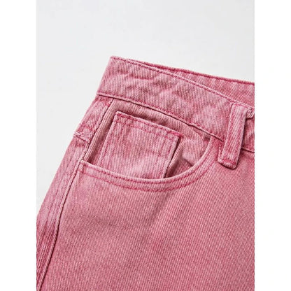 Photograph of a model wearing pink high-waisted, wide-leg jeans with vintage-inspired details