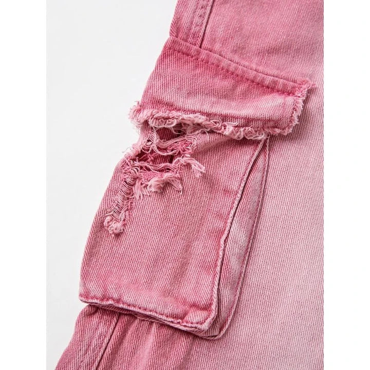 Photograph of a model wearing pink high-waisted, wide-leg jeans with vintage-inspired details
