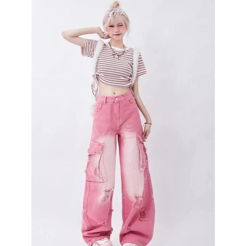 Photograph of a model wearing pink high-waisted, wide-leg jeans with vintage-inspired details
