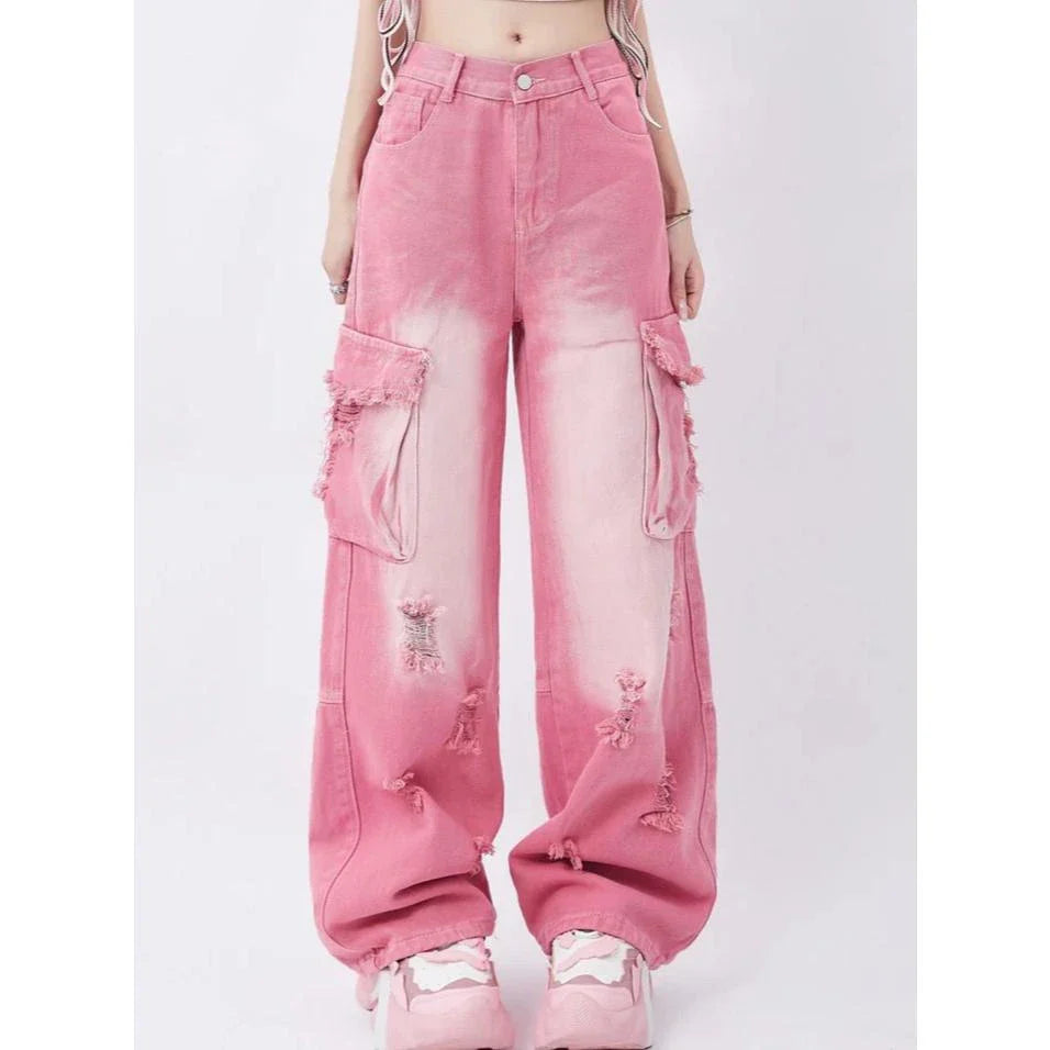 Photograph of a model wearing pink high-waisted, wide-leg jeans with vintage-inspired details