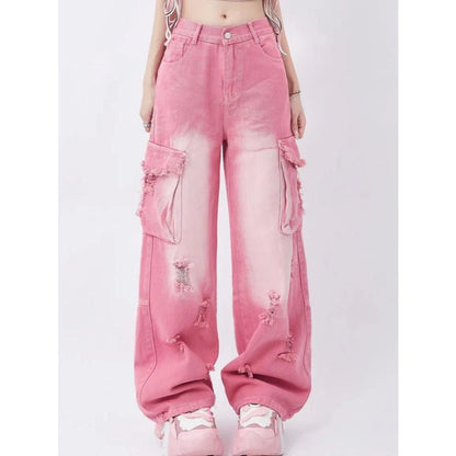Photograph of a model wearing pink high-waisted, wide-leg jeans with vintage-inspired details