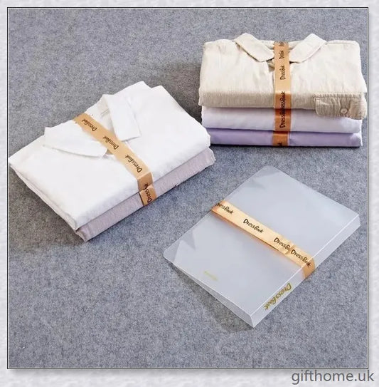 Dress Book - Space-Saving Clothes Folder Organiser with pink and gold colour options, neatly folded clothes, and a tidy wardrobe.