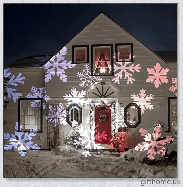 A black projector light with 12 interchangeable slide patterns that can be used for Christmas, Halloween, and other festive occasions.
