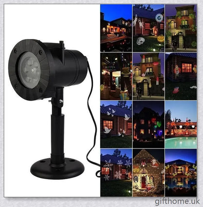 A black projector light with 12 interchangeable slide patterns that can be used for Christmas, Halloween, and other festive occasions.