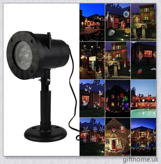 A black projector light with 12 interchangeable slide patterns that can be used for Christmas, Halloween, and other festive occasions.