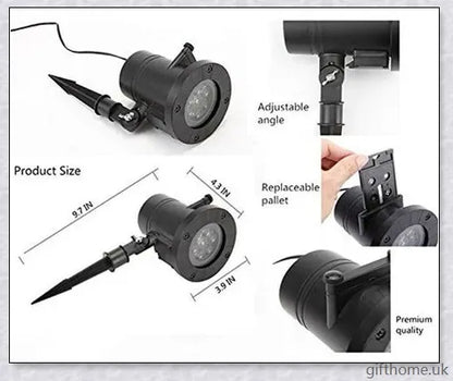 A black projector light with 12 interchangeable slide patterns that can be used for Christmas, Halloween, and other festive occasions.