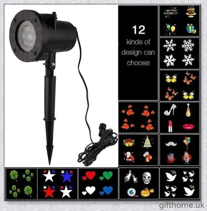 A black projector light with 12 interchangeable slide patterns that can be used for Christmas, Halloween, and other festive occasions.