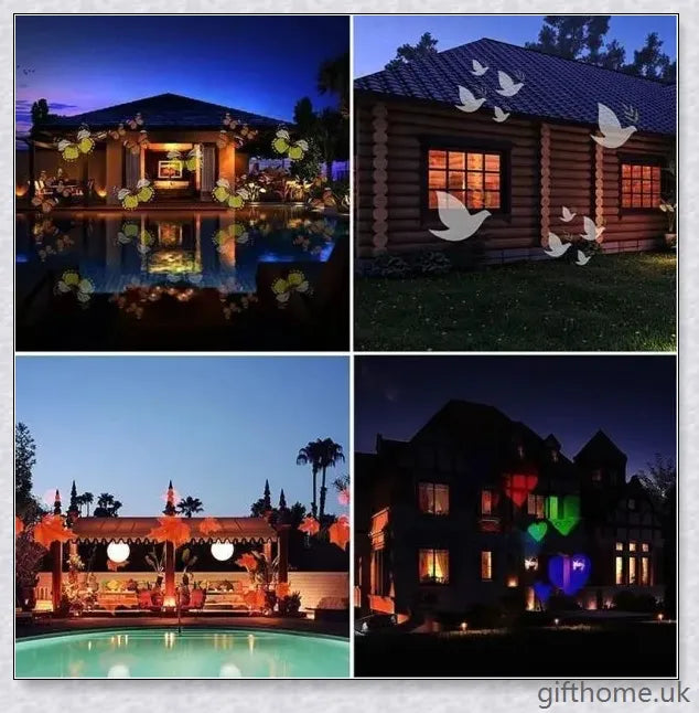 A black projector light with 12 interchangeable slide patterns that can be used for Christmas, Halloween, and other festive occasions.