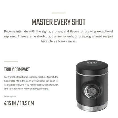Portable espresso maker with a sleek black design, featuring a naked portafilter and manual operation for crafting premium coffee on the go.