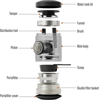 Portable espresso maker with a sleek black design, featuring a naked portafilter and manual operation for crafting premium coffee on the go.