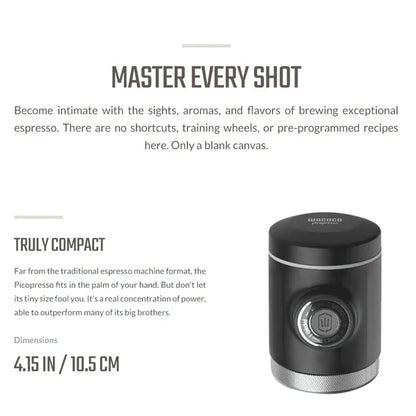 Portable espresso maker with a sleek black design, featuring a naked portafilter and manual operation for crafting premium coffee on the go.