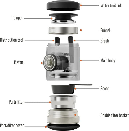 Portable espresso maker with a sleek black design, featuring a naked portafilter and manual operation for crafting premium coffee on the go.