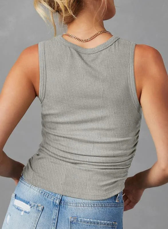 Women's Fashion Sleeveless Ribbed Vest in Apricot Colour - Slim-fit Pleated Solid Crew Neck Tank Top for Summer